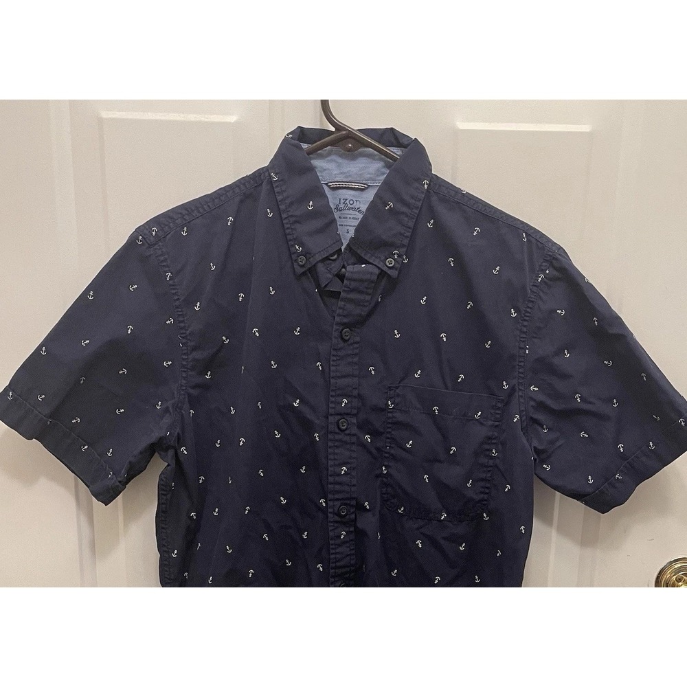 IZOD Saltwater Shirt Men's‎ S Blue Anchor Print Button Down Short Sleeve Beach